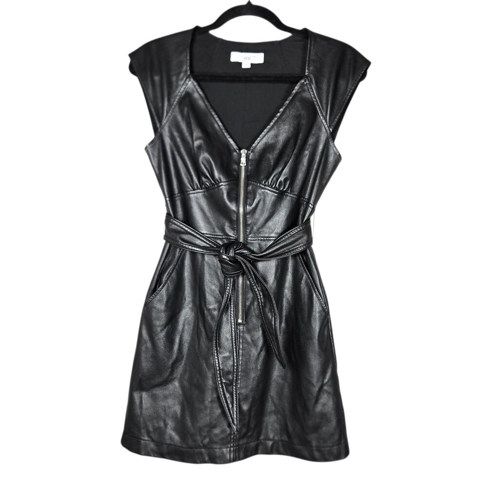 Marissa Webb Black Vegan Leather Zip Front Belted Moto Mini Dress 0